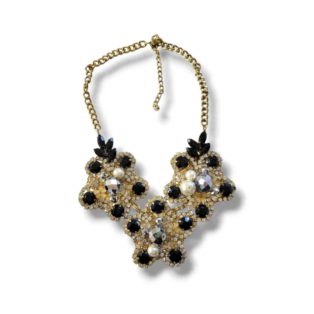 Gorgeous Black/Gold Floral Crystal Rhinestone Faux Pearl Statement Necklace
